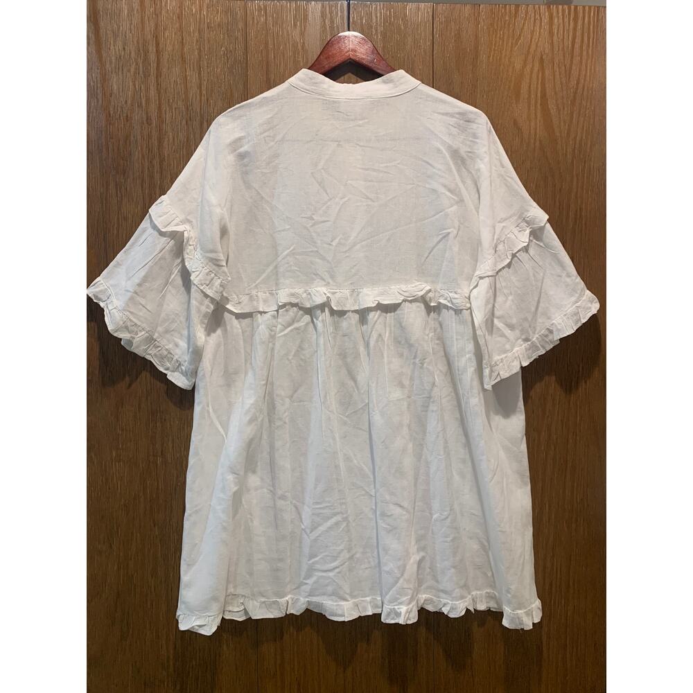 White Linen-Cotton Ruffle Mini Dress | Large Oversized | Coastal Boho - Picture 3 of 7